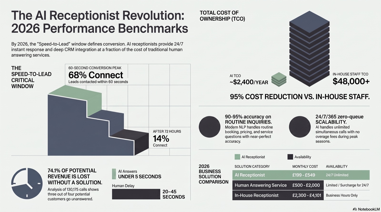 Infographic summarising AI receptionists and phone agents for UK business