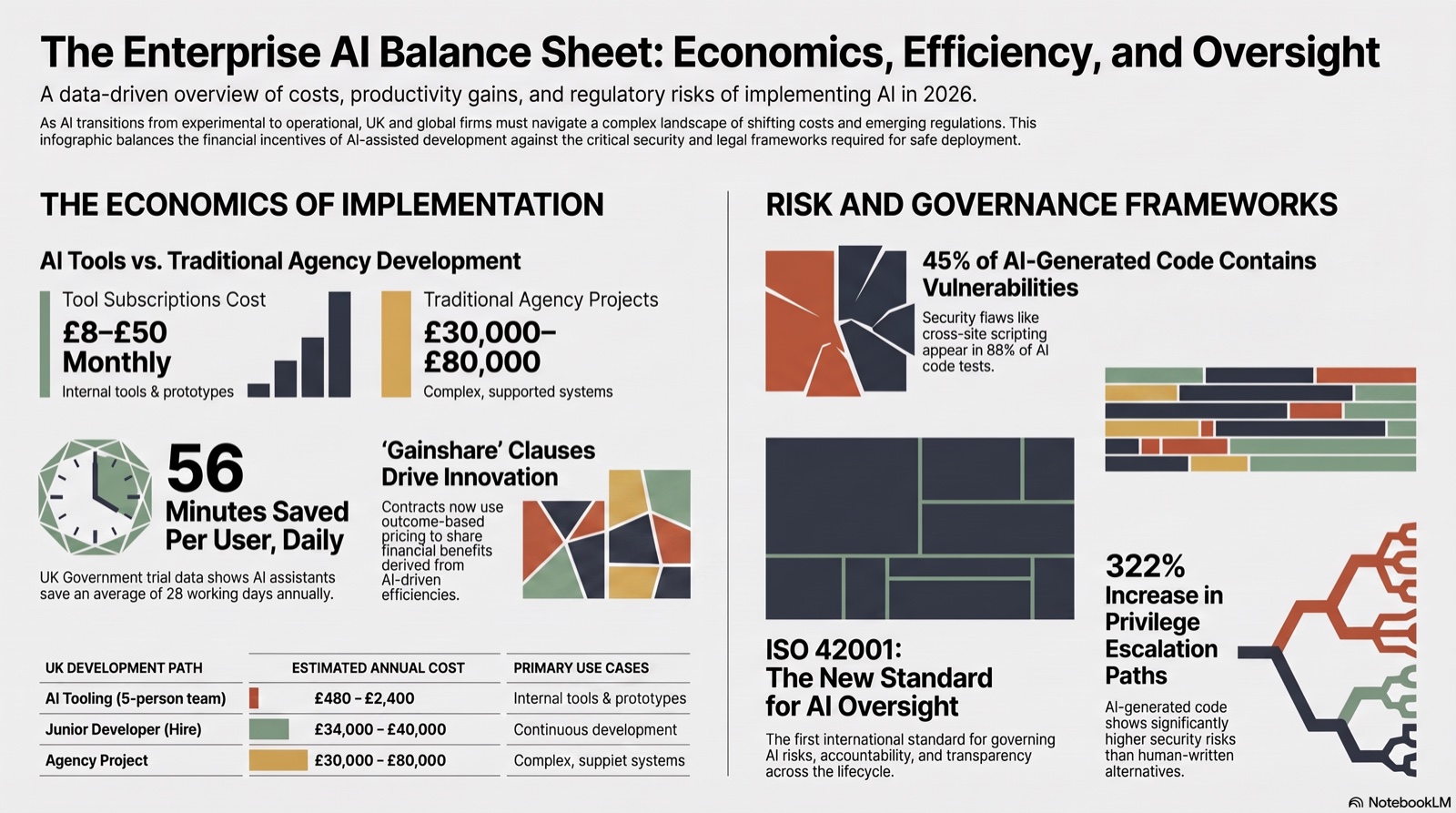 Infographic summarising the enterprise AI balance sheet — the costs and returns of AI projects